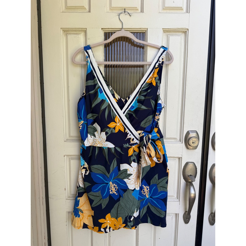 Lands End Navy Tropical Floral Wrap V-Neck Swim Dress One Piece Size 16 Long